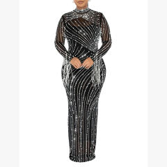 Black Rhinestone Mesh Long Sleeve Maxi Dress TQK311551-2
