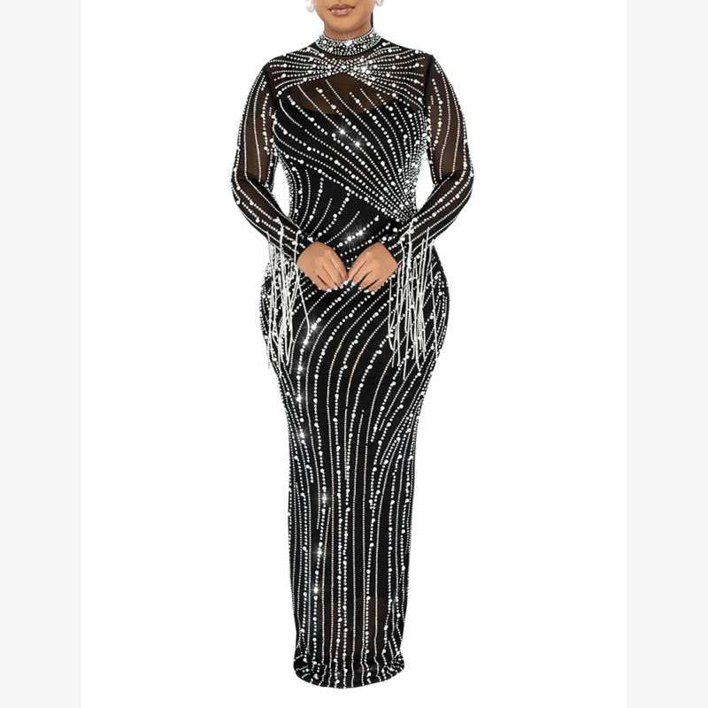 Black Rhinestone Mesh Long Sleeve Maxi Dress TQK311551-2