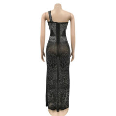 Black Rhinestone High Split Single Sling Dress TQK310857-2