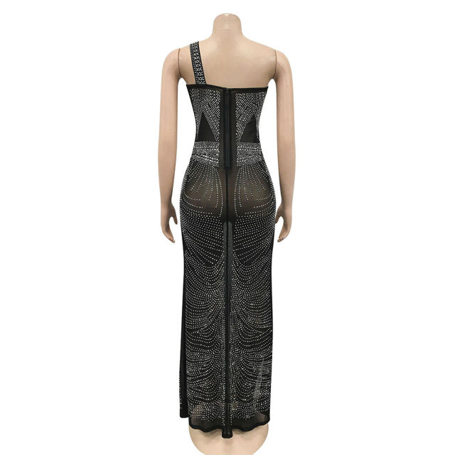 Black Rhinestone High Split Single Sling Dress TQK310857-2