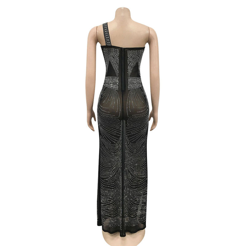 Black Rhinestone High Split Single Sling Dress TQK310857-2