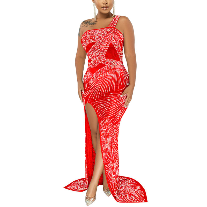 Red Rhinestone High Split Single Sling Dress TQK310857-3