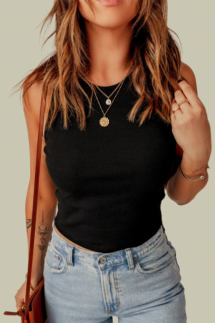 Black Seamless Sleeveless Rib Knit Crop Top LC2565159-2