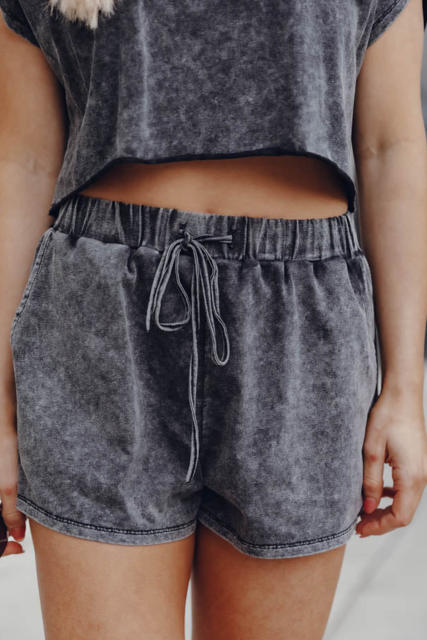 Black Acid Washed Short Lounge Set LC15475-2