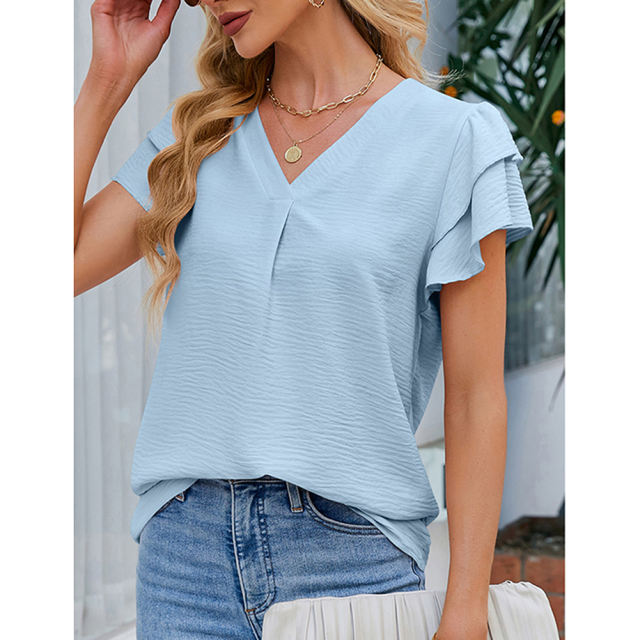 Light blue Chiffon V-neck Ruffled Short Sleeve Top TQG22001-30