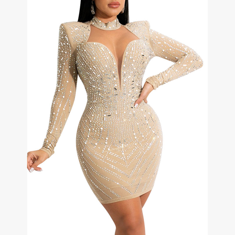 Apricot Mesh V Neckline Rhinestone Bodycon Dress TQK311548-18