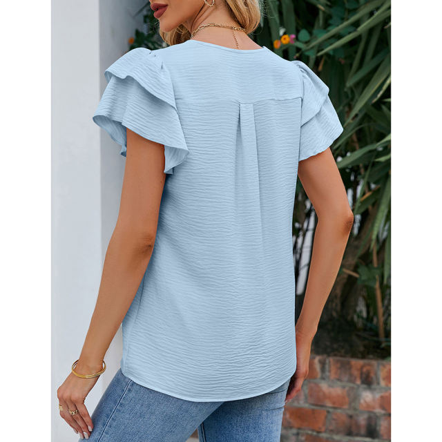 Light blue Chiffon V-neck Ruffled Short Sleeve Top TQG22001-30