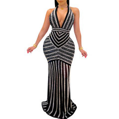 Black Halter V Neck Rhinestone See Through Maxi Dress TQK311240-2