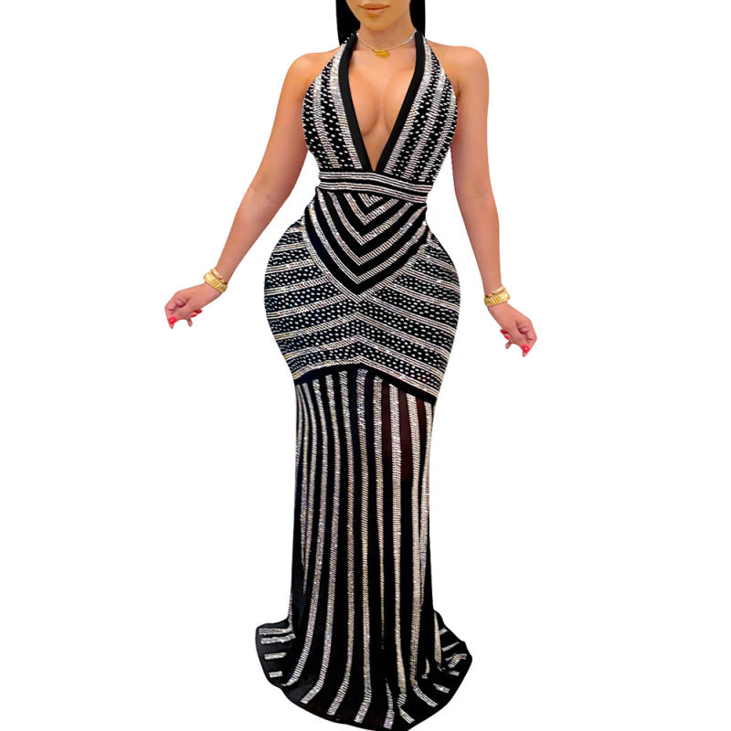 Black Halter V Neck Rhinestone See Through Maxi Dress TQK311240-2