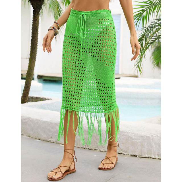 Green Hollow-out Tasseled Beach Cover Skirt  TQL360061-9