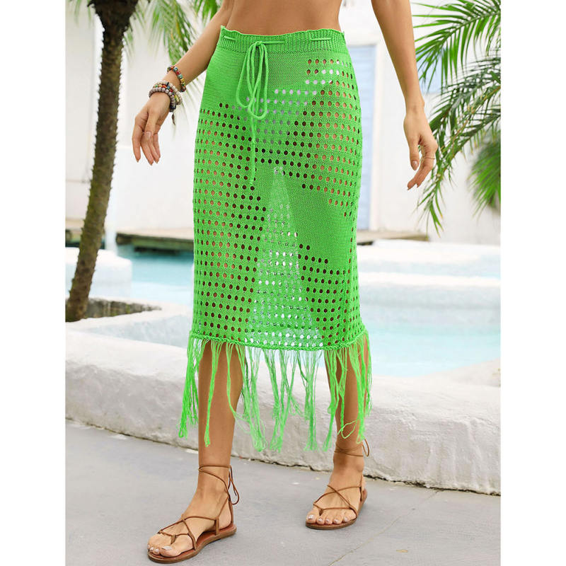 Green Hollow-out Tasseled Beach Cover Skirt  TQL360061-9