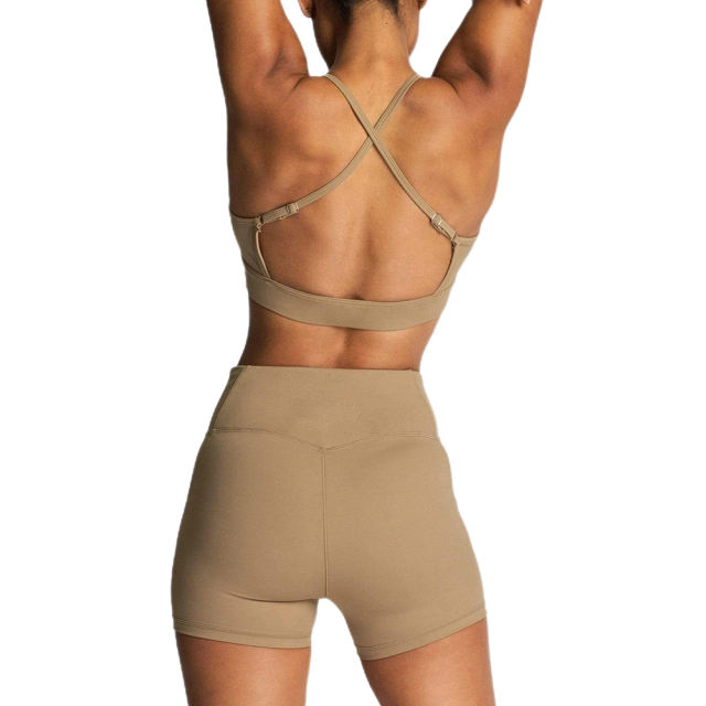 Brown Back Criss Yoga Bra with Shorts Set TQL710038-17
