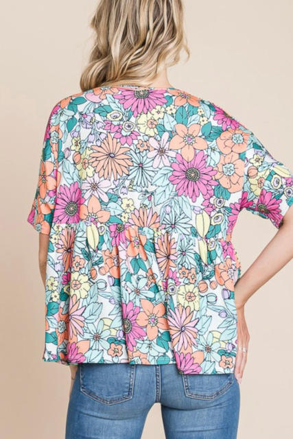 Multicolor Bohemian Flower Print Flowy Short Sleeve Top LC25220723-22