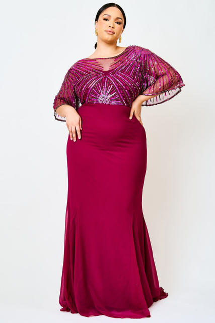 Red Sequin Mesh Open Back Plus Size Maxi Dress PL61526-3