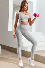 Gray Single Split Shoulder Ribbed Cropped Sports Top LC264429-11