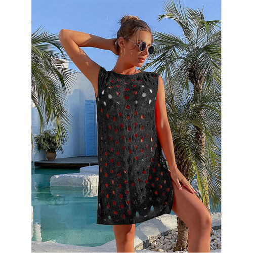 Black Hollow Out Side Split Cover Up Beach Dress TQK650109-2