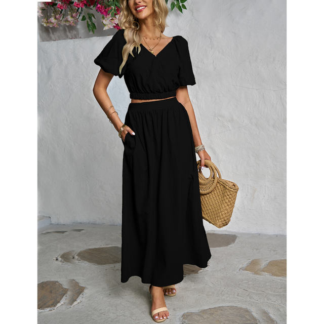 Black V Neck Crop Top and Pocket Skirt Set TQX711102-2