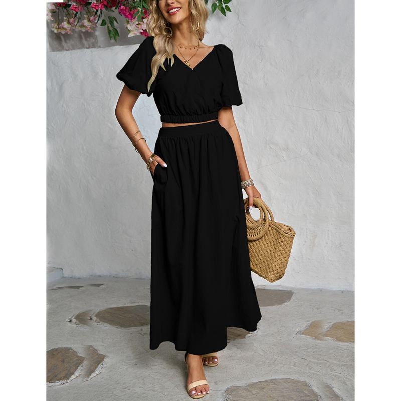 Black V Neck Crop Top and Pocket Skirt Set TQX711102-2