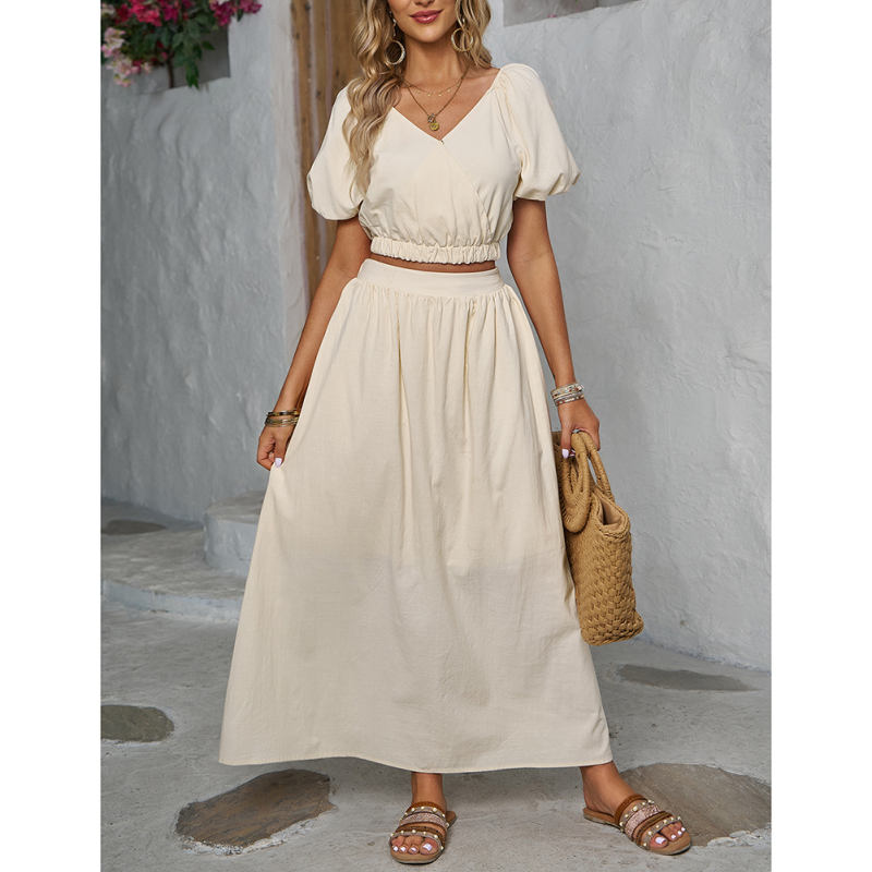 Apricot V Neck Crop Top and Pocket Skirt Set TQX711102-18