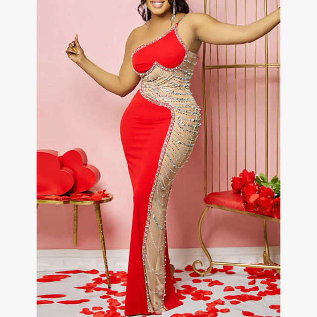 Red Rhinestone Pearl Mesh One-shoulder Maxi Dress TQK311552-3