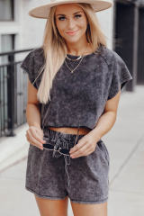 Black Acid Washed Short Lounge Set LC15475-2