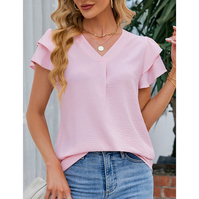Light pink Chiffon V-neck Ruffled Short Sleeve Top TQG22001-39