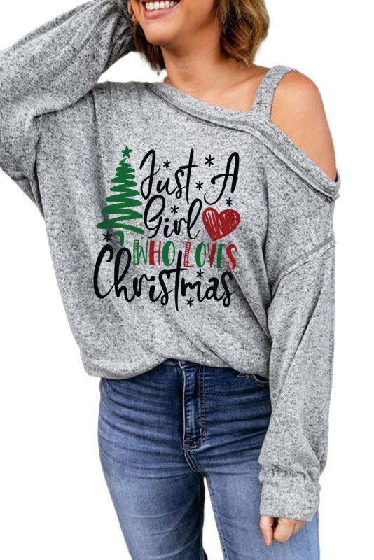 Gray Christmas Graphic Print Cut Out One Shoulder Top