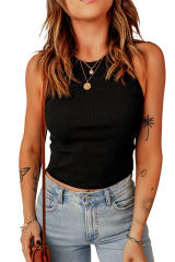 Black Seamless Sleeveless Rib Knit Crop Top LC2565159-2