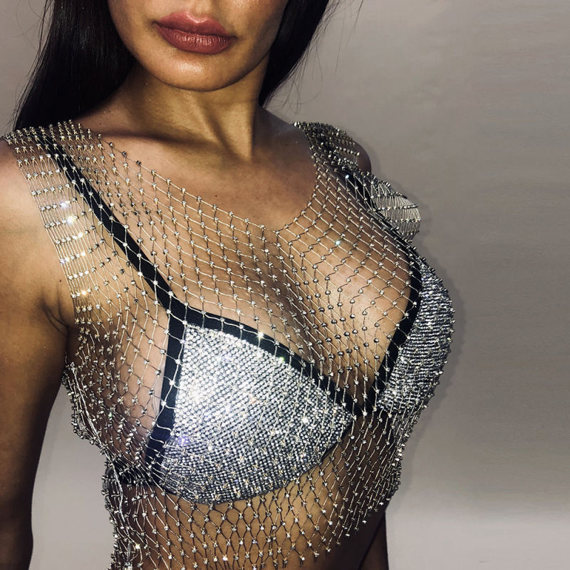 Silver Rhinestone Mesh Hollow-out V Neck Crop Top TQV220016-13
