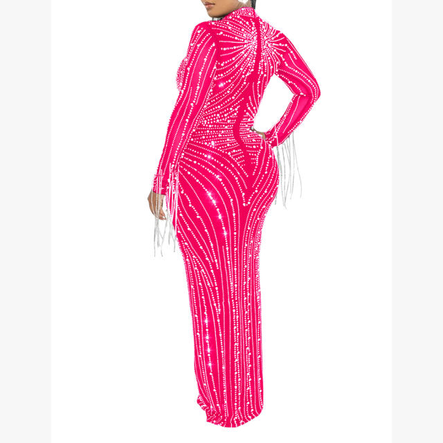 Rose Rhinestone Mesh Long Sleeve Maxi Dress TQK311551-6