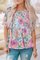Multicolor Bohemian Flower Print Flowy Short Sleeve Top LC25220723-22