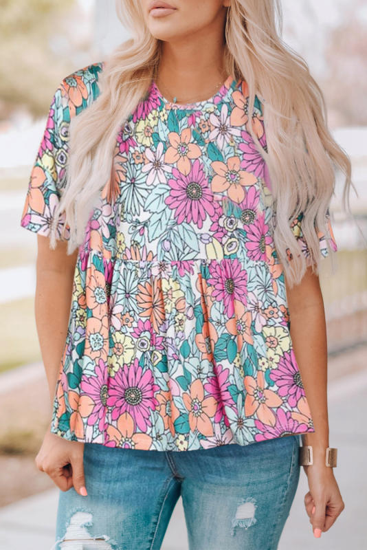 Multicolor Bohemian Flower Print Flowy Short Sleeve Top LC25220723-22