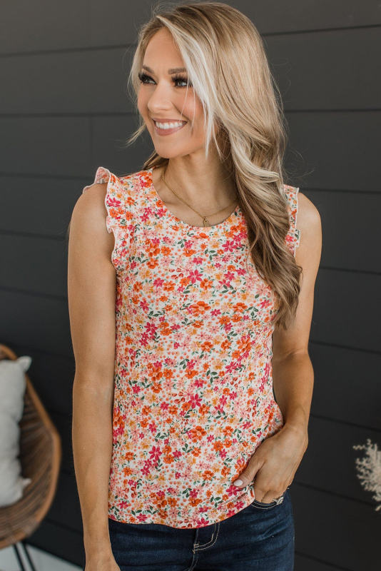 Red Floral Ribbed Knit Frill Tank Top LC2568607-3