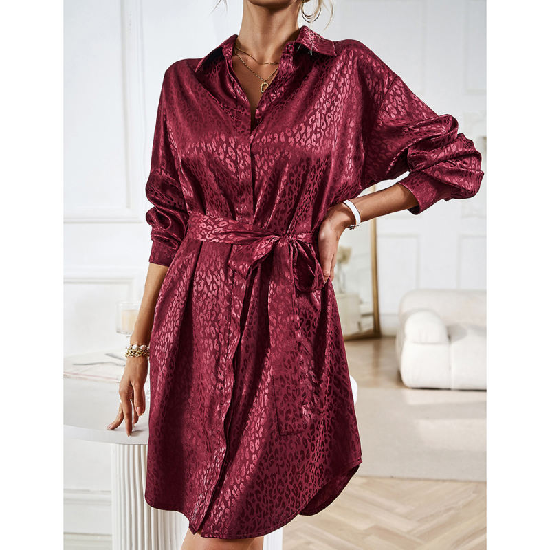 Burgundy Satin Leopard Print Shirt Dress with Belt TQH310106-23