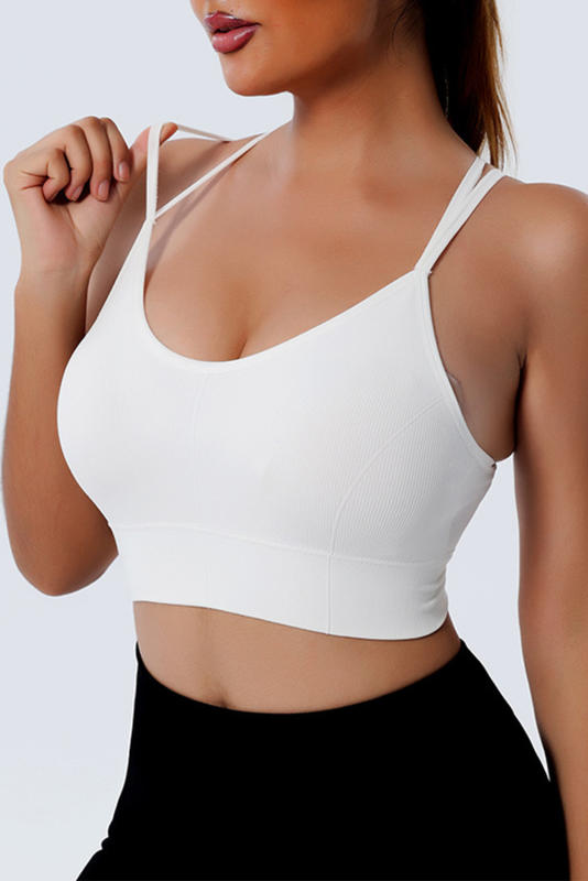 White Ribbed Knit Strappy Back Yoga Bra LC264384-1