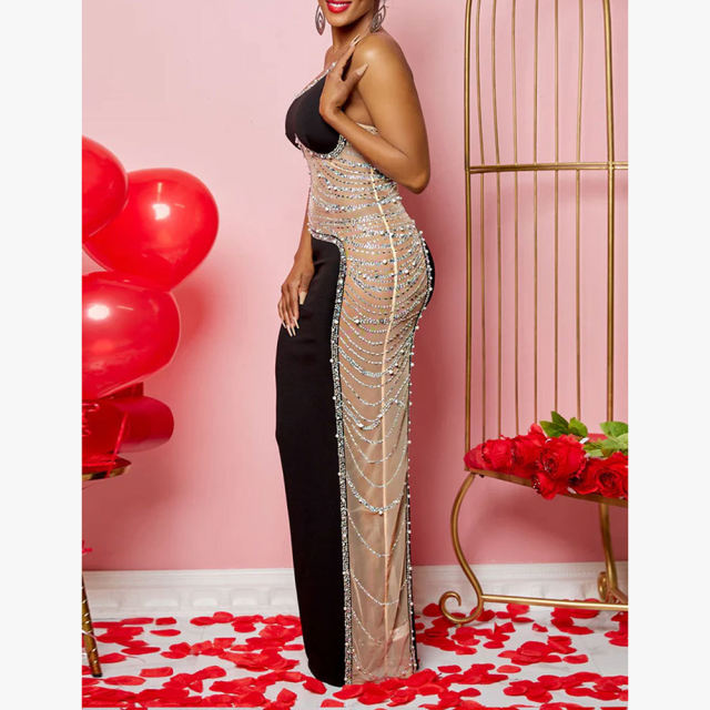 Black Rhinestone Pearl Mesh One-shoulder Maxi Dress TQK311552-2