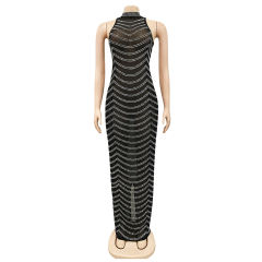 Black Mesh Studded See Through Open Back Maxi Dress TQK311241-2