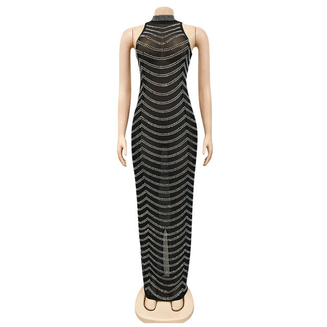 Black Mesh Studded See Through Open Back Maxi Dress TQK311241-2