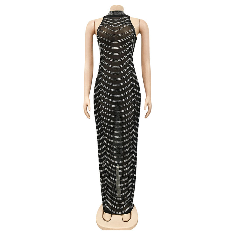 Black Mesh Studded See Through Open Back Maxi Dress TQK311241-2
