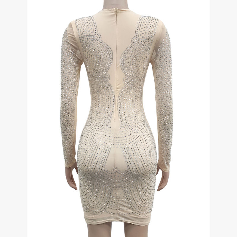 Apricot Deep V Neck Rhinestone Long Sleeve Bodycon Dress TQK311547-18