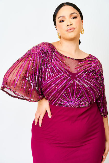 Red Sequin Mesh Open Back Plus Size Maxi Dress PL61526-3