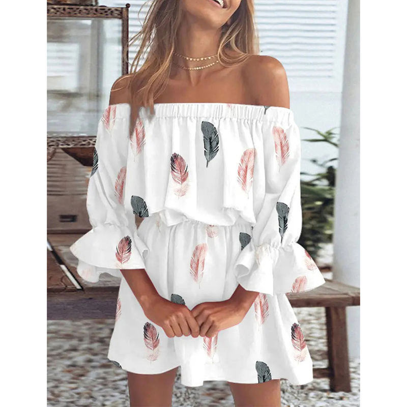 White Ruffle Cuffs Off Shoulder Boho Dress TQL310065-1