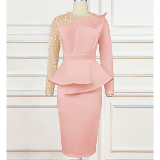 Pink Splicing Mesh Beading Peplum Style Evening Dress