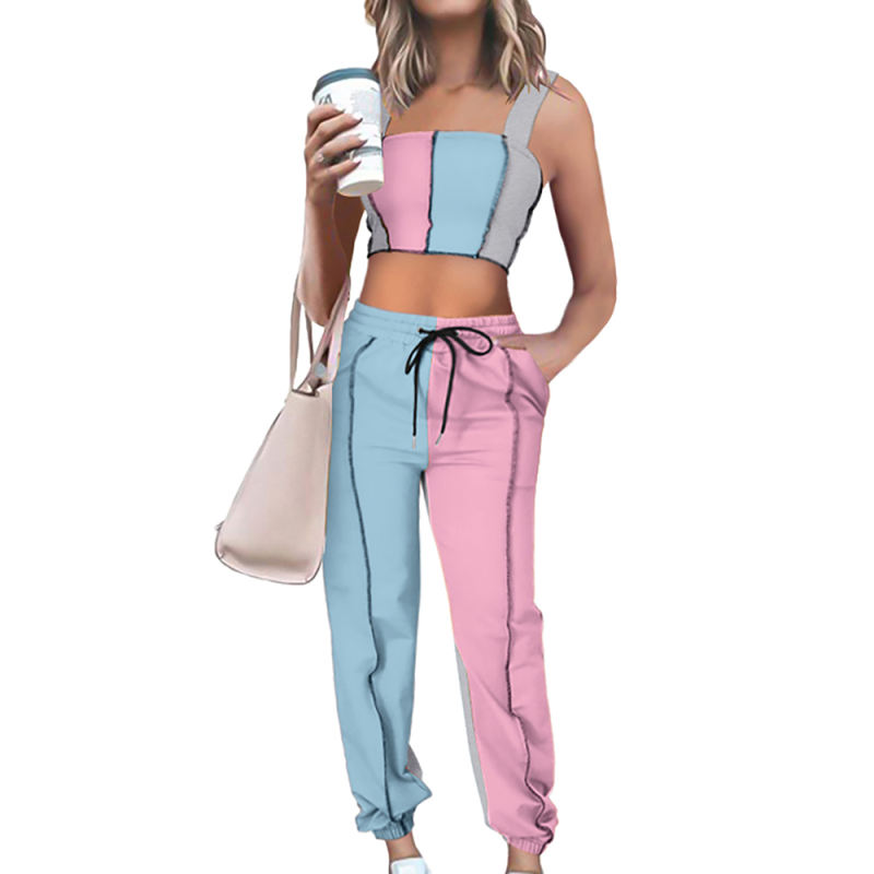 Light Blue Colorblock Crop Tank with Pant Set TQK710340-30