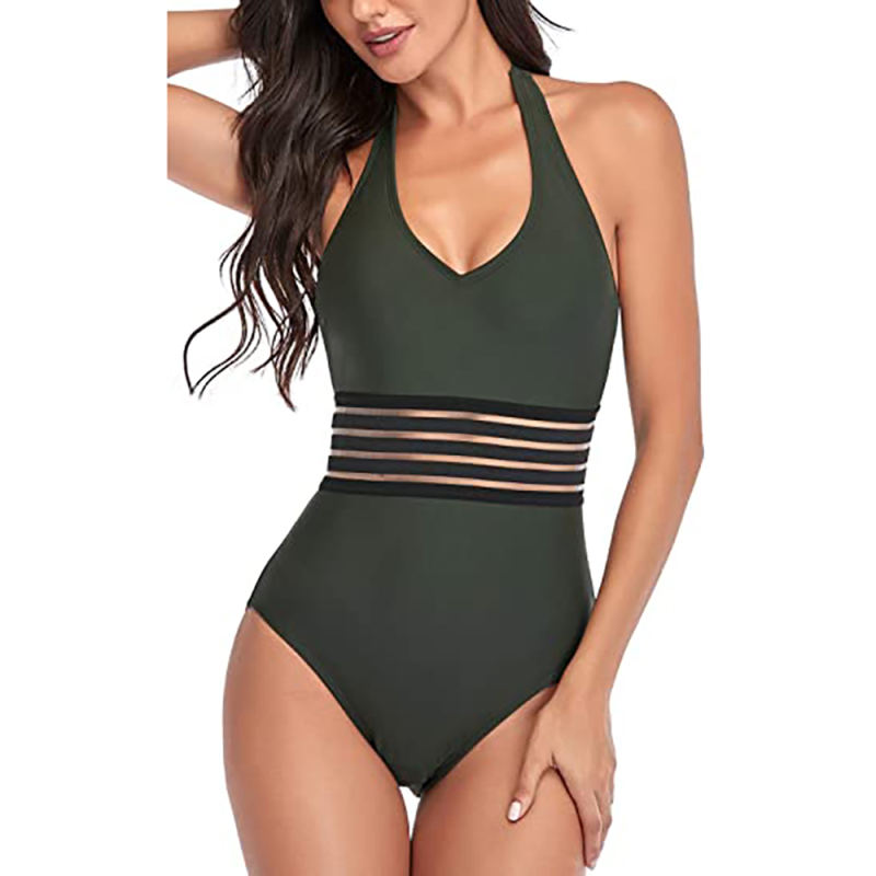 Army Green Hollow-out Halter One Piece Swimsuit TQK620111-27