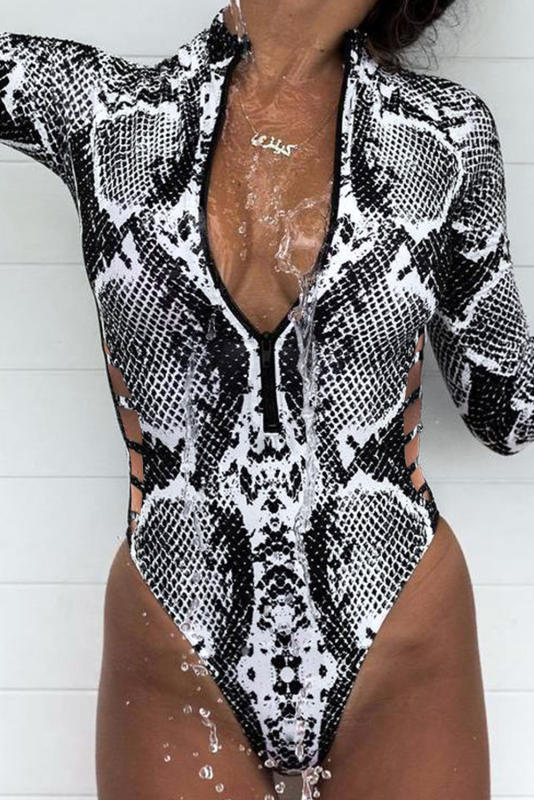 Gray Snake Print Zipper Cut-out Rash Guard Swimsuit LC481010-11