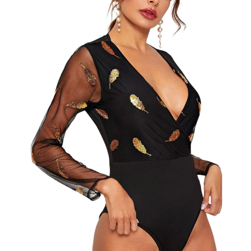 Black Sequined Spliced Mesh Long Sleeve Bodysuit TQX551124-2