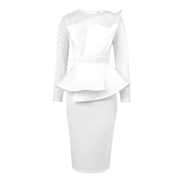 White Splicing Mesh Beading Peplum Style Evening Dress
