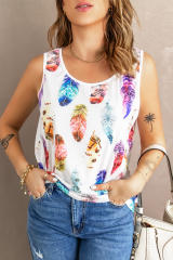 White Aztec Feather Tank Top LC256607-1