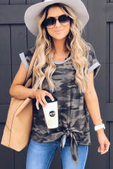 Gray Camo Print Knotted Hem T-shirt LC25219327-11